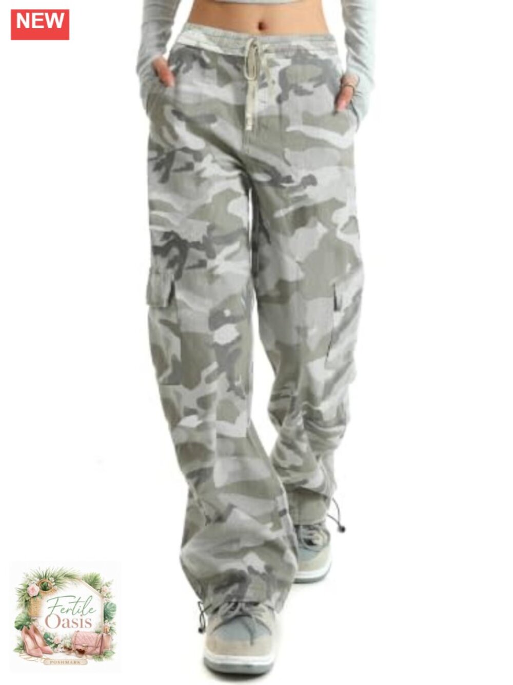 Women High Waisted Wide Leg Camo Cargo Pants Cotton Drawstring Straight